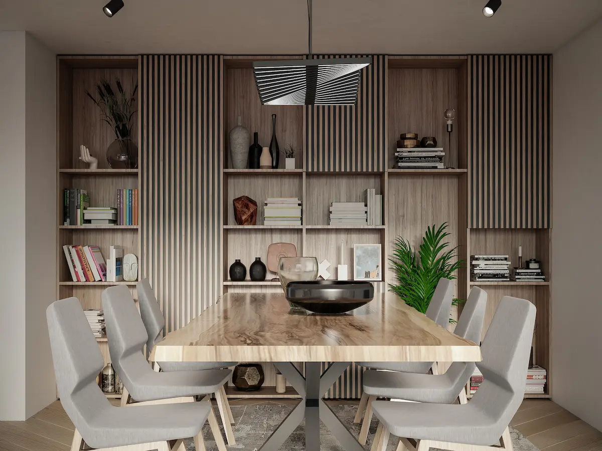 Japandi eetkamer met houten tafel, stoffen stoelen en wandkast met accessoires