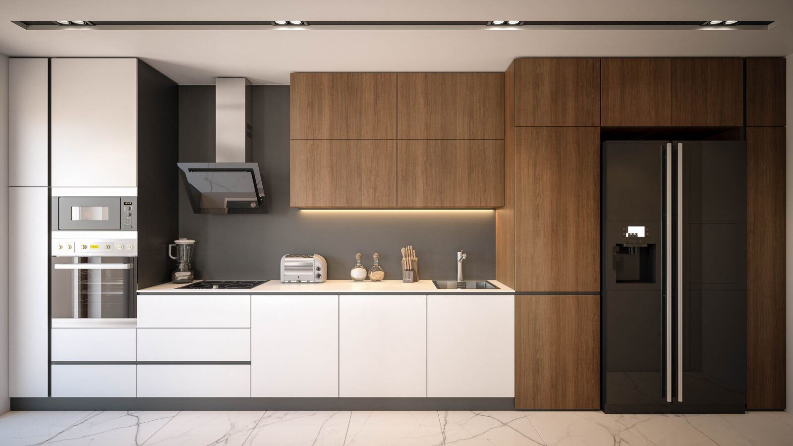 Moderne keuken met witte onderkasten, eiken kastenwand en donkere accenten
