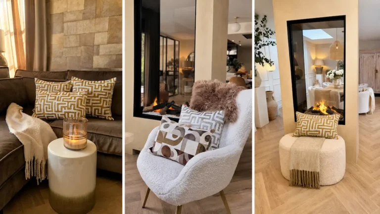 Sierkussens en plaids in een warm interieur met bank, fauteuil en haard