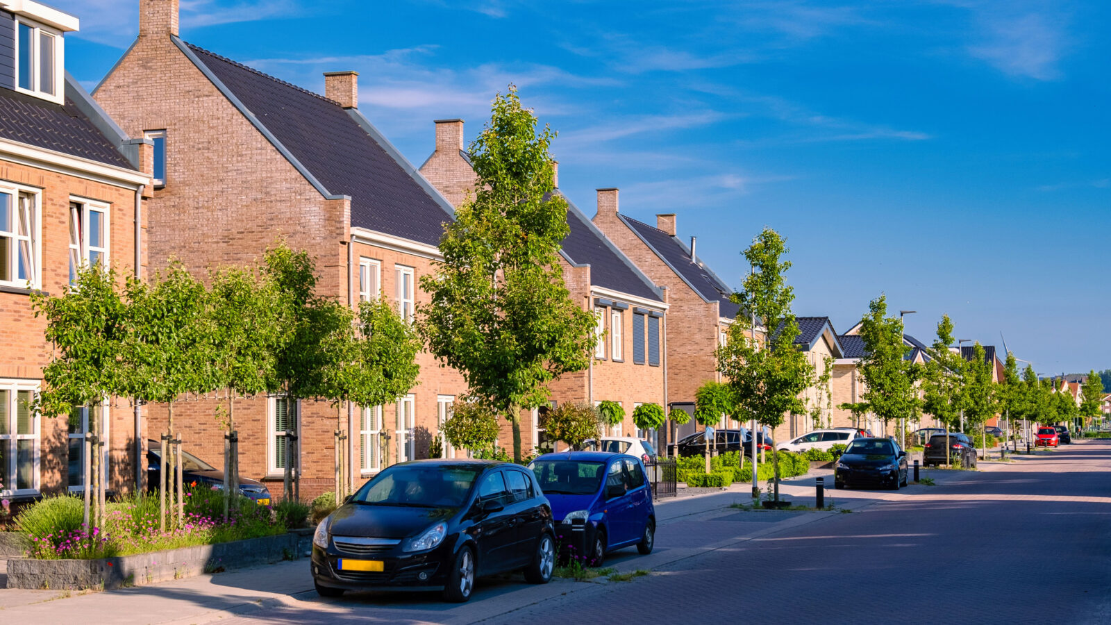 Moderne woonstraat in Apeldoorn met rijwoningen, jonge bomen en geparkeerde auto’s