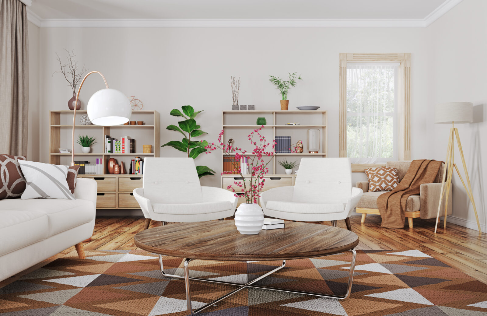 Woonkamer met organische salontafel, vloerkleed en lichte zithoek