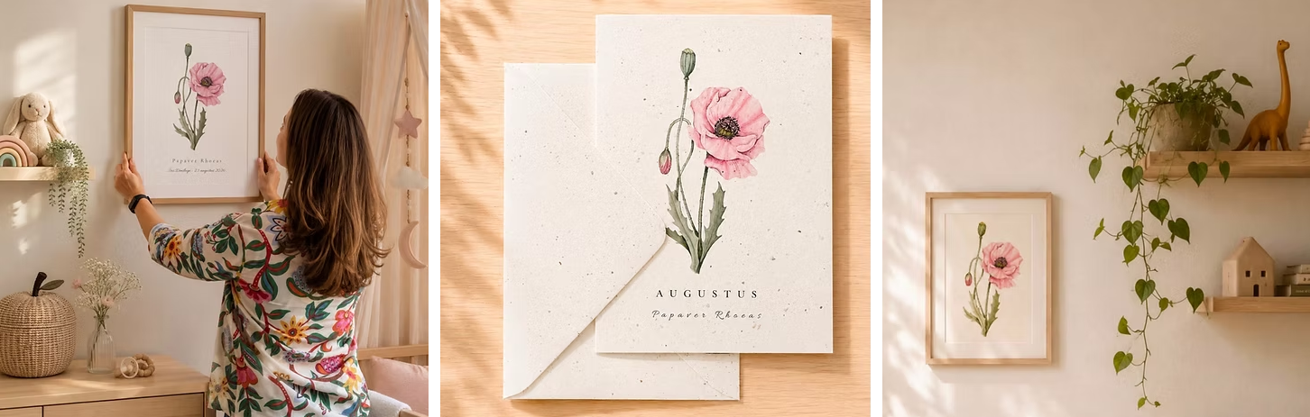 Botanische klaproosprint op papier en ingelijst in twee rustige interieurs