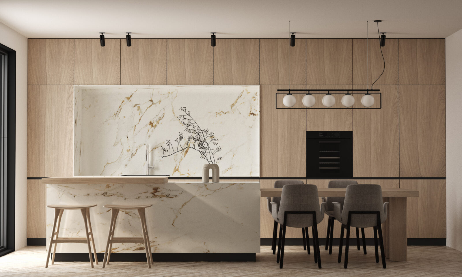 Designkeuken met houten kastenwand en natuurstenen kookeiland