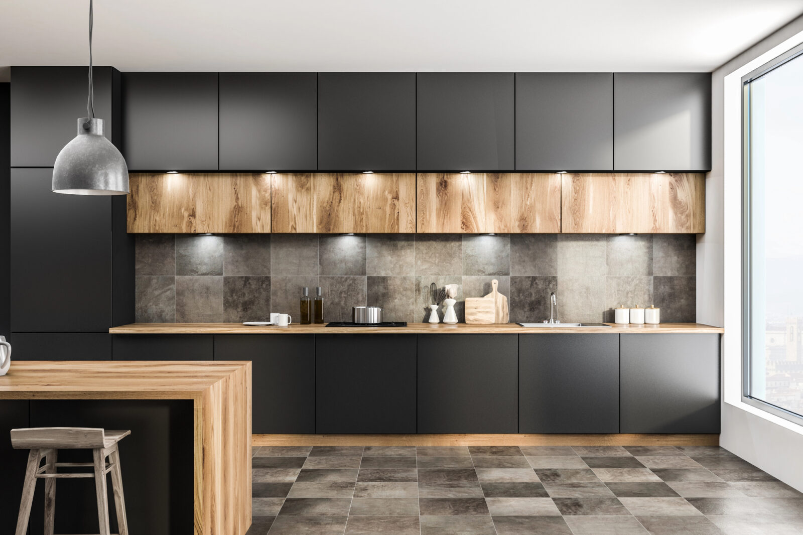 Greeploze zwarte designkeuken met houten kastfronten en kookeiland