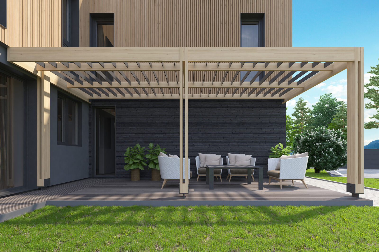 Terrasoverkapping met lamellendak aan moderne woning