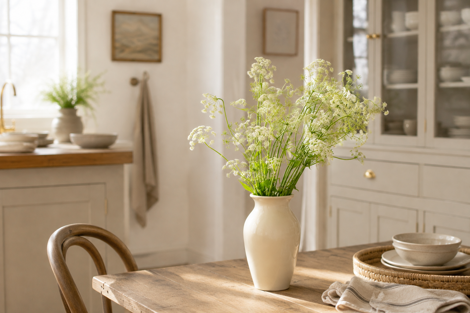 Witte veldbloemen in een crèmekleurige vaas op een houten eettafel