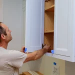 Monteur plaatst een nieuw wit keukenfront op een bestaande bovenkast