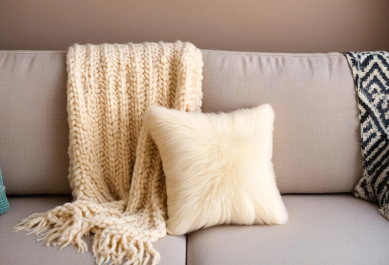 Beige wollen plaid over een lichte bank met een wit sierkussen