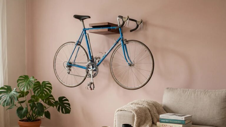 Blauwe racefiets aan een houten fietshanger aan de muur in een klein appartemen